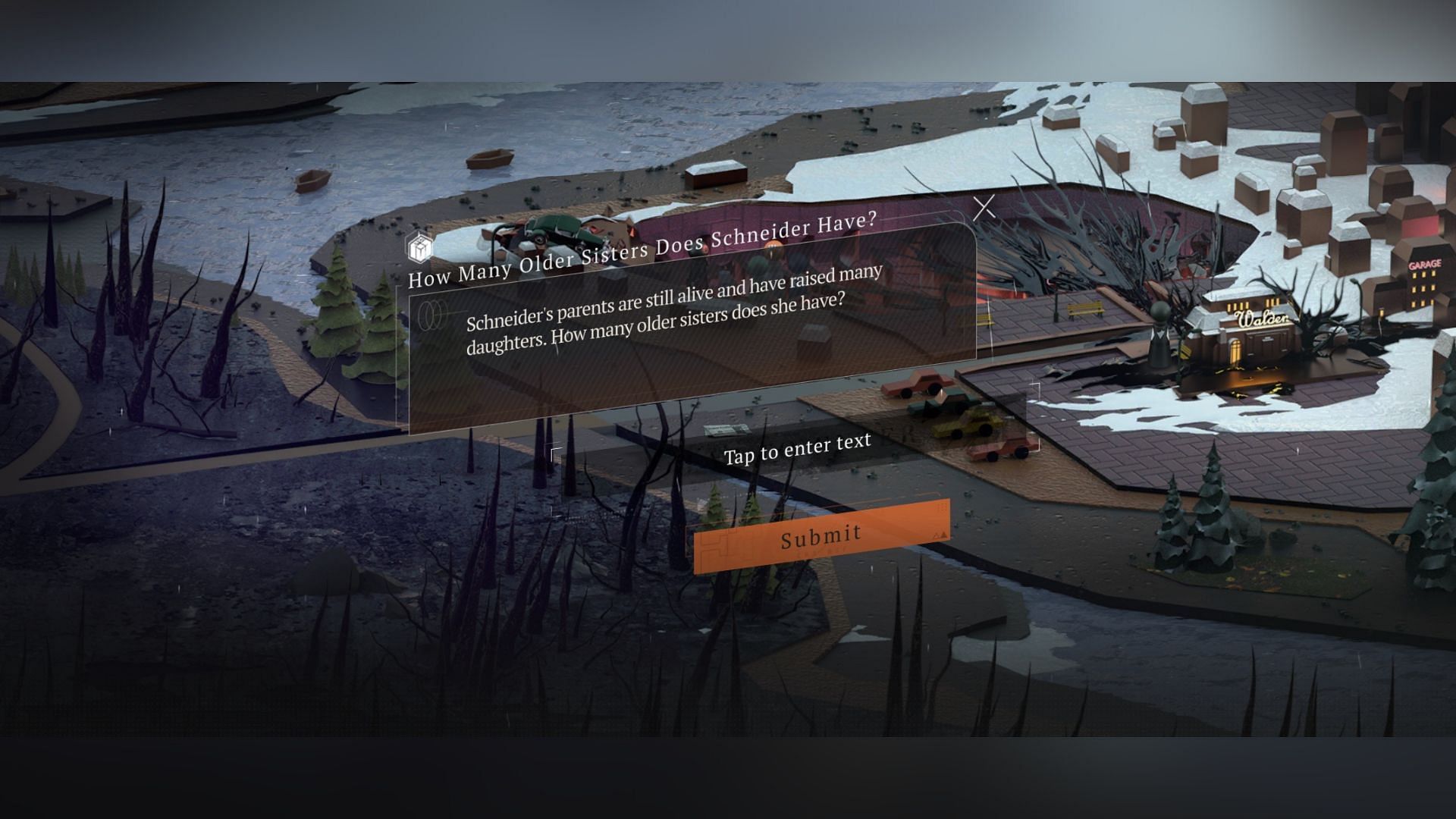 Chapter One, Stage 15 question about Schneider's sister.(Image via Bluepoch)